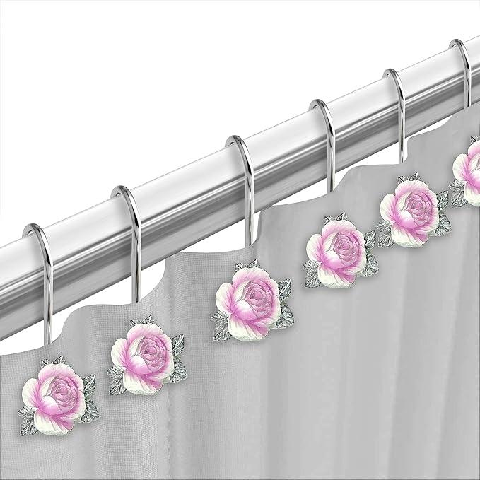 Zahari Home 13pc Michelle Bathroom Shower Curtain Sets Shower Curtain & 12 Shower Bathroom Hooks Modern Classic Luxury Contemporary Decor Floral Shower Curtain Stylish Bath Sets - ModernBath