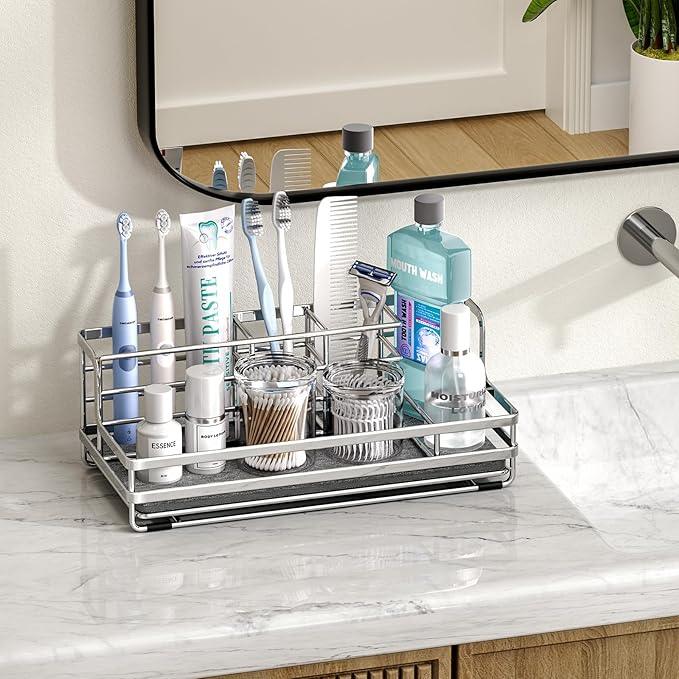 HapiRm Toothbrush Holders for Bathroom - 5 Partitions Bathroom Counter Organizer with Instant Drying Stone, Stainless Steel Countertop Storage Electric Toothbrush Toothpaste Holder - Silver - ModernBath