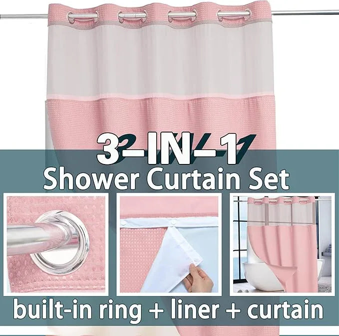 Conbo Mio No Hook Waffle Weave Shower Curtain with Snap in Liner Set, Hotel Luxury Pink Shower Curtains for Bathroom with See Through Top Window, Waterproof, Washable 71W x 74H - ModernBath