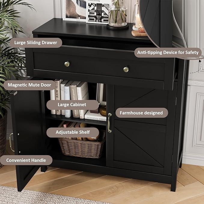 Buffet Sideboard with 2 Barn Doors,Black Kitchen Cabinet with Adjustable Shelf, Freestanding Floor Storage Cabinet - ModernBath