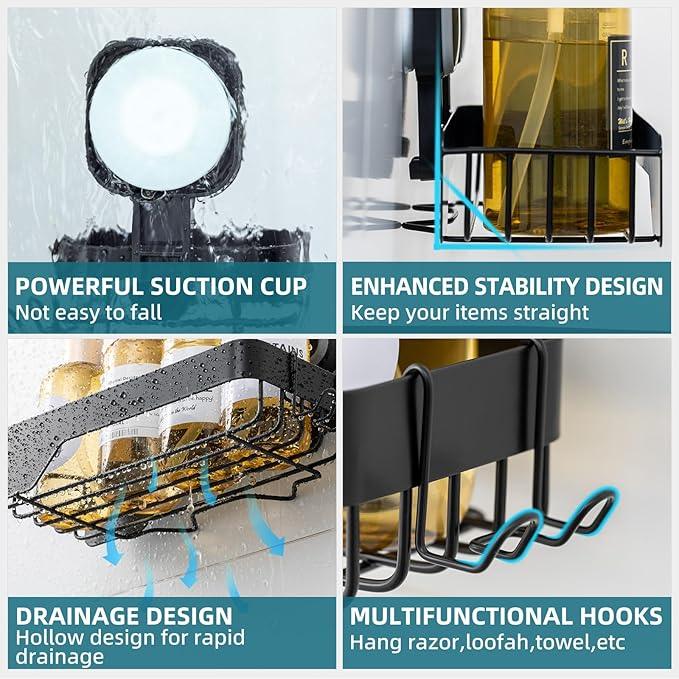 TAILI Shower Caddy Suction Cup 3 Pack, Stainless Steel Rustproof Shelves with Soap Holder Set, Drill-Free Wall Mounted Basket, Heavy Duty Removable Bathroom Organizers & Home Decor, Black - ModernBath