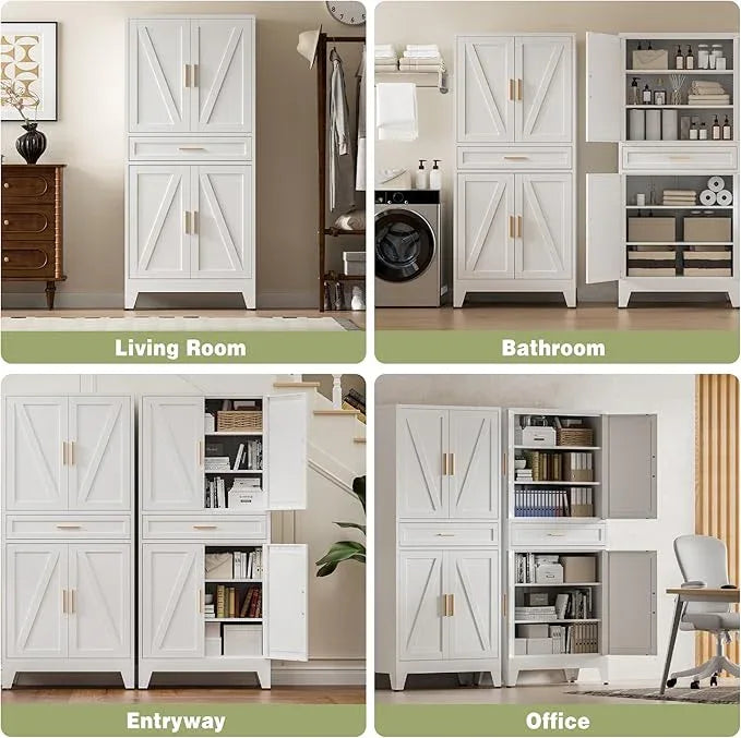 COFaR 71" Tall Kitchen Pantry, Farmhouse Storage Cabinet with Doors and Shelves, Metal Cabinet with Drawers and Legs, for Cupboard/Dining Room/Bathroom/Living Room/Office/Laundry Room (White). - ModernBath