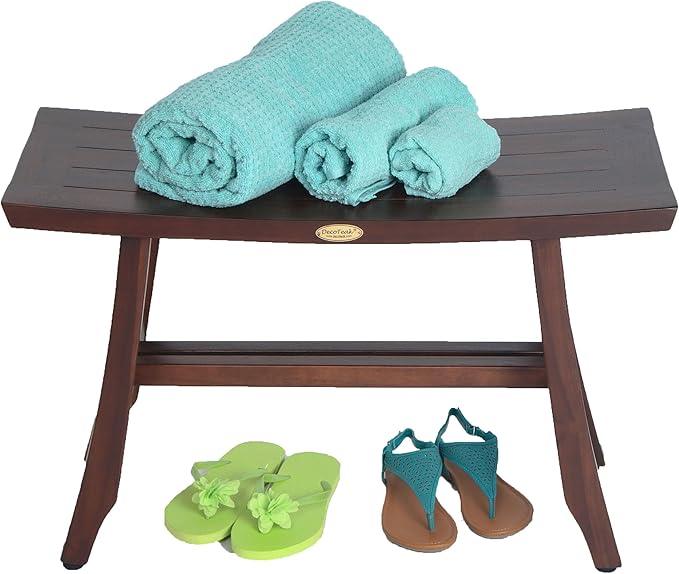 DecoTeak Satori Teak Shower Bench – 24" Compact Teak Bath Seat, Brown Finish, for Adults & Seniors | Water-Resistant Spa Stool with Slatted Seat & Adjustable Feet - ModernBath