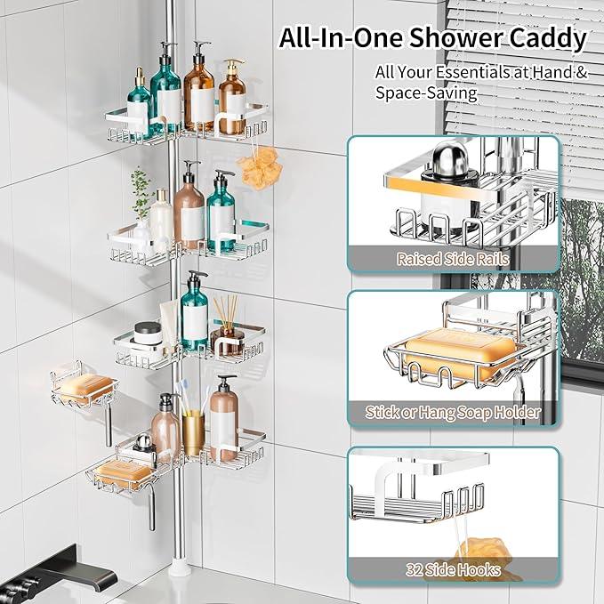 KEGII Shower Caddy Tension Pole – Corner Rustproof Bathroom Organizer with Soap Holder & Hooks, No-Drill Adjustable Shower Shelf for Renters for Families & Renters, 25-114.2 Inch, Silver - ModernBath