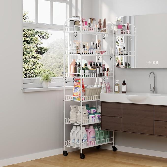 6 Tier Slim Rolling Storage Cart with Wheels, Metal Mobile Shelving Unit Organizer Utility Cart for Office Bathroom Kitchen Laundry Room Narrow Places (White 10 Inches) - ModernBath