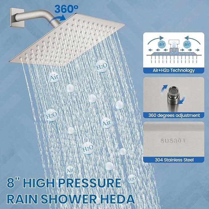 Airuida Shower Faucet Set Bathroom Rain Shower System 8 Inch Square Showerhead Single Function 1 Handle Trim Kit with Female Thread Rough-in Valve Cover Plate with H and C Labels Brushed Nickel - ModernBath