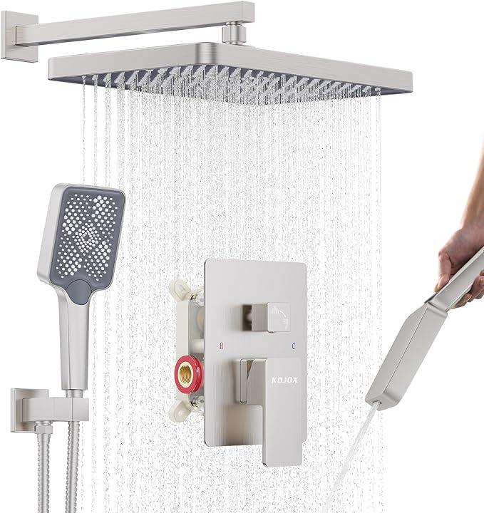Shower System 13-Inch Rainfall Shower Head - 3 Setting Handheld Sprayer, Complete Bathroom Set with Faucet Mixer Trim Kit & Valve Brushed Nickel - ModernBath