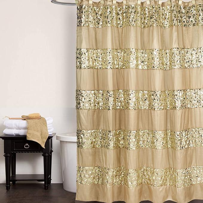 Zahari Home 13pc Sinatra Bathroom Shower Curtain Set - Gold Curtain & 12 Champagne Hooks - Luxury Fabric Bling Unique Beautiful Set - ModernBath