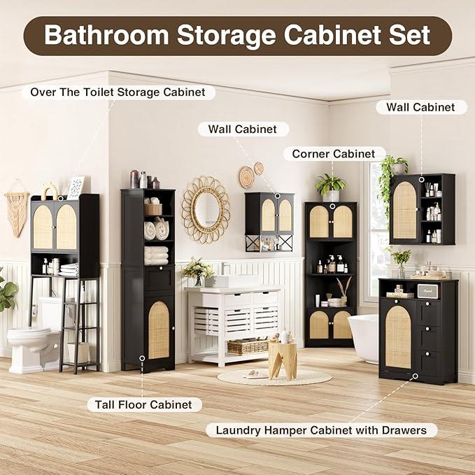 67"H Bathroom Storage Cabinet with Rattan Doors and Slide Storage, Tall Narrow Standing Tower Cabinet with Adjustable Shelves, Small Bathroom Floor Organizer for Entryway, Kitchen, Black - ModernBath