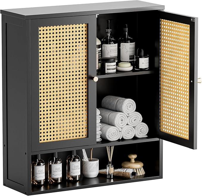 HITNET Wall Cabinet, Bamboo Medicine Cabinet with Rattan Doors and Adjustable Shelf, Bathroom Hanging Storage Organizer Over Toilet for Small Space (Black) - ModernBath