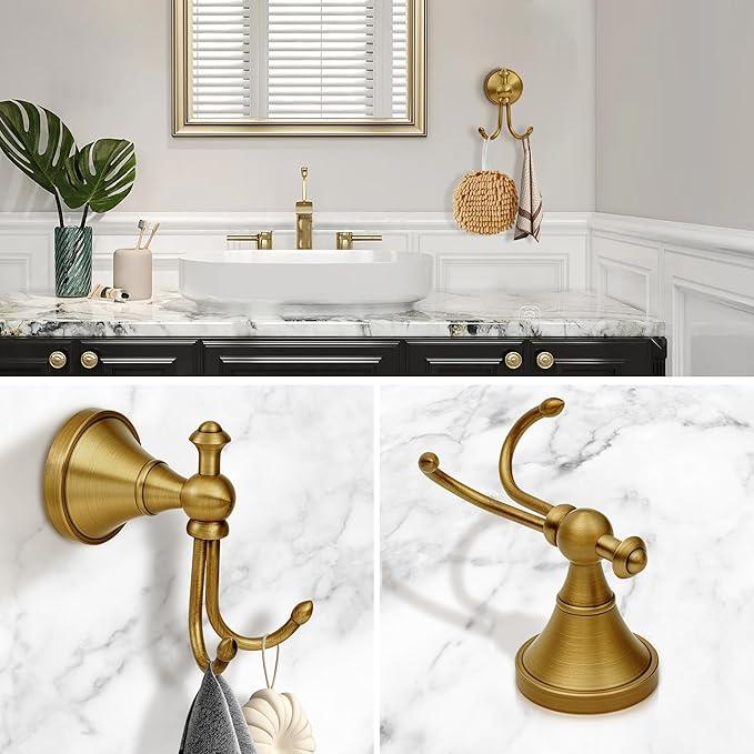 Antique Brass Towel Hook, Brass Bathroom Robe Hook, Rustic Double Towel Hooks Bath Farmhouse Coat Clothes Hook Wall Mounted for Bathroom Kitchen Washroom - ModernBath