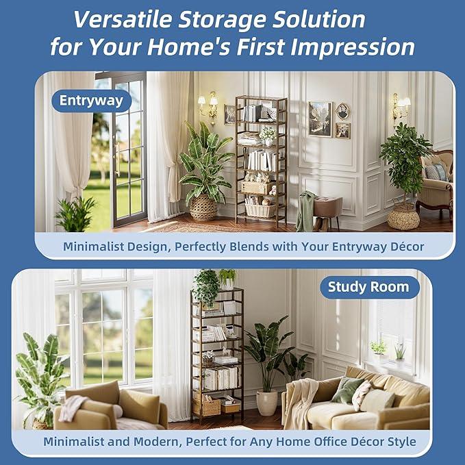 HITNET Bookcase, Bamboo Bookshelf, 6-Tier Adjustable Tall Open Book Shelf, Free Standing Storage Shelves Organizer, Flower Plant Display Stand, Walnut - ModernBath