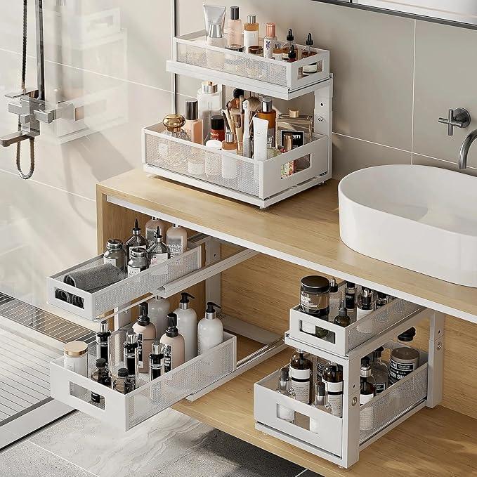 2 Pack Under Sink Organizer With Next-Gen Ball-Bearing Slides,2-Tier Pull Out Cabinet Storage,Height Adjustable Drawer Shelf for Bathroom,Kitchen,Laundry,Cabinet,Pantry(Patent Pending) - ModernBath