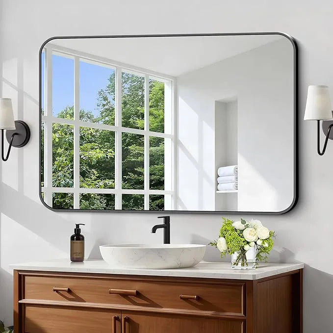 CIVENO Black Bathroom Mirror, 28x42 inch Aluminum Metal Frame Rectangular Vanity Mirror, Wall Mounted Rectangle Mirrors with Rounded Corner for Bedroom Living Room Hangs Horizontal Or Vertical - ModernBath