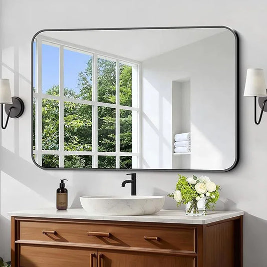 CIVENO Black Bathroom Mirror, 28x42 inch Aluminum Metal Frame Rectangular Vanity Mirror, Wall Mounted Rectangle Mirrors with Rounded Corner for Bedroom Living Room Hangs Horizontal Or Vertical - ModernBath