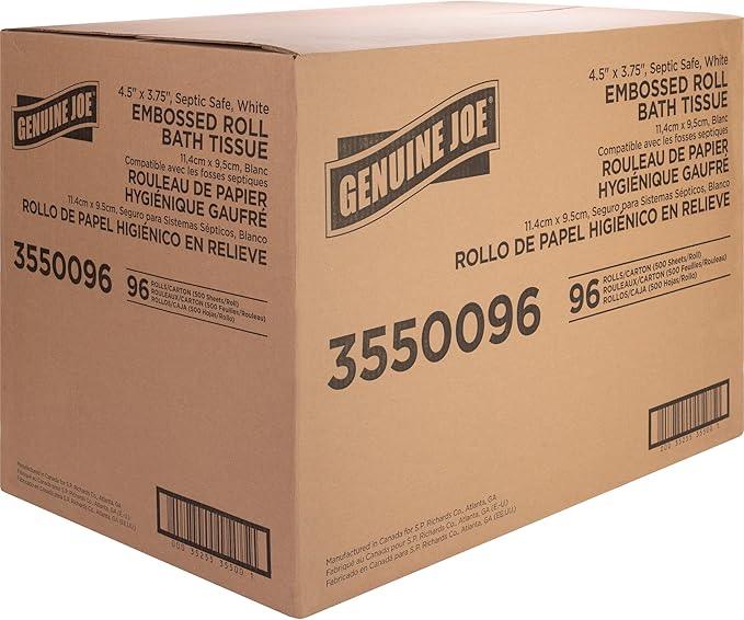 Genuine Joe Embossed Bath Tissue, 2-Ply, Septic Safe, Individually Wrapped, 4.5" x 3.75", 500 Sheets/Roll, 96 Count - ModernBath
