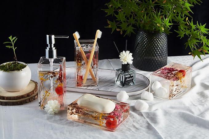 Locco Decor 4 Piece Acrylic Liquid 4D Floating Motion Bathroom Vanity Accessory Set Garden Botanic Pink Plants Toothbrush Holder, Tumbler, Soap Dispenser, Soap Dish - ModernBath