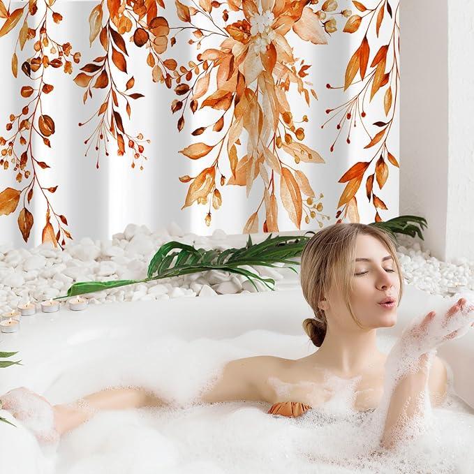 Gibelle Extra Long Shower Curtain 72 x 84, Orange Floral Shower Curtain for Bathroom, Fall Watercolor Plant Eucalyptus Leaves Fabric Shower Curtain Set - ModernBath