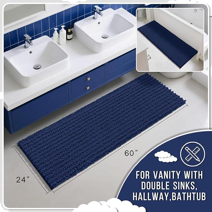 Yimobra Bathroom Runner Rug 60x24 Inch - Extra Long Non Slip Chenille Bath Mat, Soft & Absorbent, Machine Washable Shaggy Hallway Carpet for Vanity Tub Shower, Navy Blue Home Decor Accessories - ModernBath