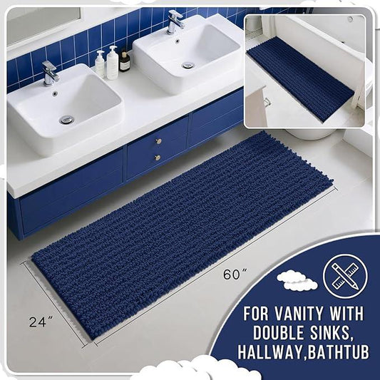 Yimobra Bathroom Runner Rug 60x24 Inch - Extra Long Non Slip Chenille Bath Mat, Soft & Absorbent, Machine Washable Shaggy Hallway Carpet for Vanity Tub Shower, Navy Blue Home Decor Accessories - ModernBath