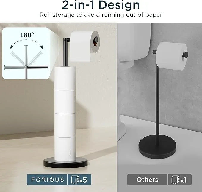 FORIOUS Toilet Paper Holder Stand, Modern Freestanding Tissue Roll Holder for Bathroom, Durable SUS 304 Stainless Steel and Weighted Base Toilet Paper Stand, Storage for 4 Rolls, Matte Black - ModernBath