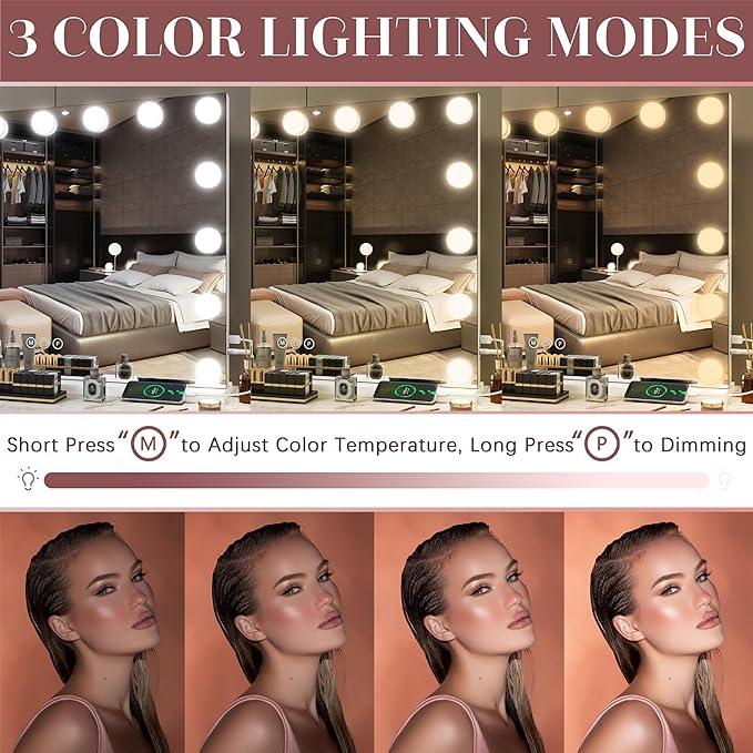 ROLOVE 32"x24" Hollywood Vanity Mirror with Lights, 18 Dimmable LED Bulbs, 3 Color Modes, 10X Magnification, USB Charging Port, Tabletop or Wall-Mounted - ModernBath