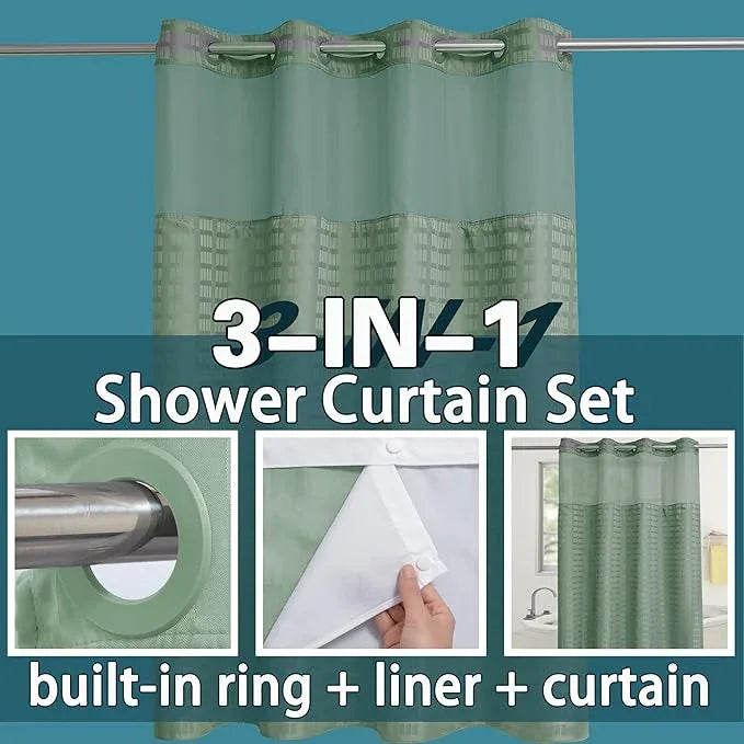 Conbo Mio Stall No Hook Sage Green Shower Curtain with Snap in Liner Set, Hotel Luxury Shower Curtains for Bathroom with See Through Top Window, Waterproof, Washable 54W x 74H - ModernBath
