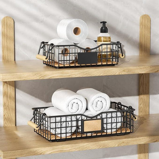 Bathroom Tray and Organizer Basket, 2 Pack Storage Baskets with Wooden Handles, Multipurpose for Bathroom, Coffee Bar, Kitchen cabinet, Living Room - Black - ModernBath