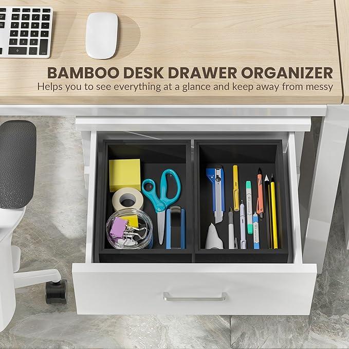 Kitchen Drawer Organizer Bins, Stackable Bamboo Drawer Organizer for Silverware, Flatware, Deep Office Desk Organizer Tray, Desktop Pen, Office Organization Black 9" x 6" x 2.5"(Set of 2) - ModernBath