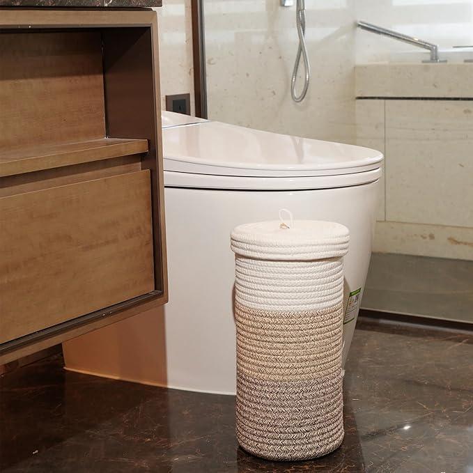 Toilet Paper Holder Handmade – Woven Toilet Paper Stand & Storage Basket with Lid, Freestanding Organizer for Bathroom, Cotton Fits 3 Rolls Gradient Brown - ModernBath