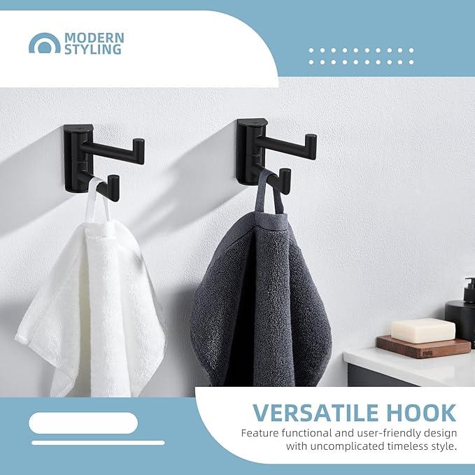Angle Simple Swivel Towel Hook Matte Black 2 Pack, 304 Stainless Steel Double Robe Hook for Bathroom - ModernBath