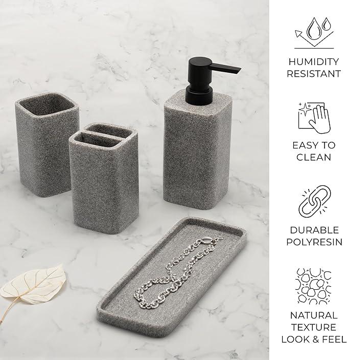 ZCCZ Grey Bathroom Accessory Sets, 4 Pieces Bathroom Accessories Complete Set Vanity Countertop Accessory Set, Includes Lotion Dispenser Soap Pump, Tumbler, Toothbrush Holder and Tray - ModernBath