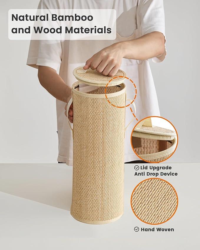 Bamboo Toilet Paper Storage Basket with Lid & Handle - 10L Handwoven Bathroom Organizer for 4 Rolls - Sturdy Stand Holder for Toilet Paper Organization, Light Natural - ModernBath