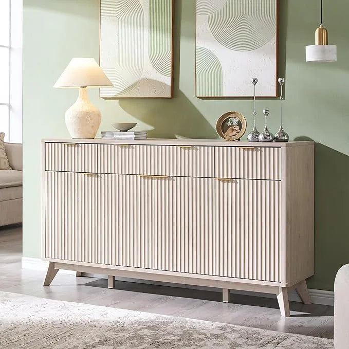 OKD Fluted Storage Cabinet with Drawers, 60" Morden Buffet Sideboard Coffee Bar Cabinet with 4 Doors and 3 Drawers for Dining Room, Living Room,Hallway (White Alder) - ModernBath