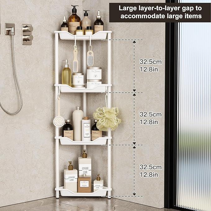 Orimade Rustproof 4 Tier Floor Standing Corner Shower Caddy Organizer, Plastic Metal Splicing Floor Corner Shelf Rack Stands for Bathroom, White - ModernBath