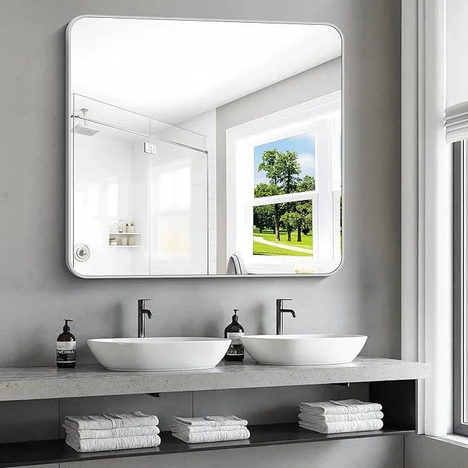CIVENO 36x40 Inch Silver Bathroom Mirror, Metal Framed Silver Rectangle Mirrors, Rounded Rectangular Vanity Mirror, Wall Mounted Mirrors for Living Room Bedroom Entryway Hangs Horizontal or Vertical - ModernBath