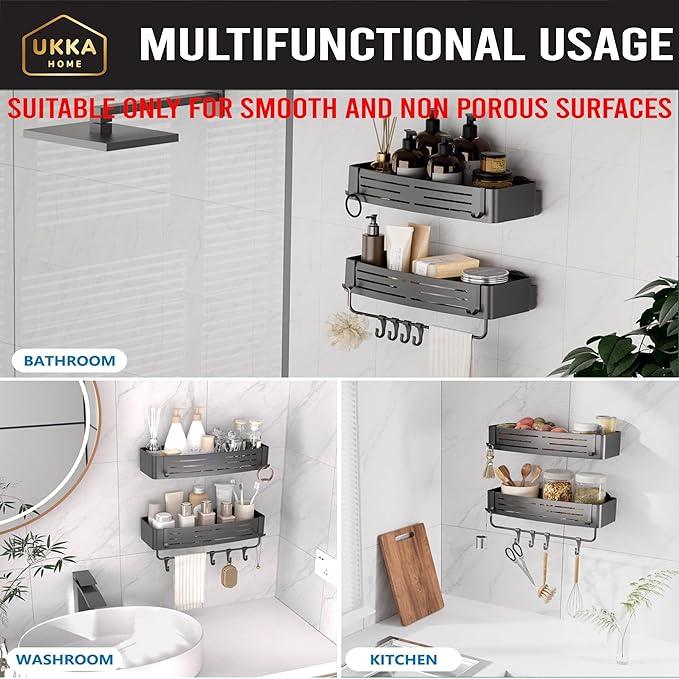 UKKA HOME Suction Cup SQUARE Shower Caddy with Hooks and Towel Bar for Bathroom. Aluminum, Reusable, Rustproof, No Drill, No Tools, No Glue. Multifunctional, Hang Towel, Loofah, Sponge (2 Pack, Gray) - ModernBath