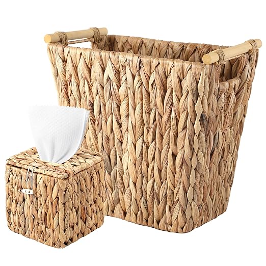 BSSN Wicker Trash Can & Square Tissue Box Holder, Water Hyacinth Waste Paper Baskets with Wooden Handles,Handwoven Waste Basket for Bathroom, Bedroom, Office (Wooden Handles Trash Can)