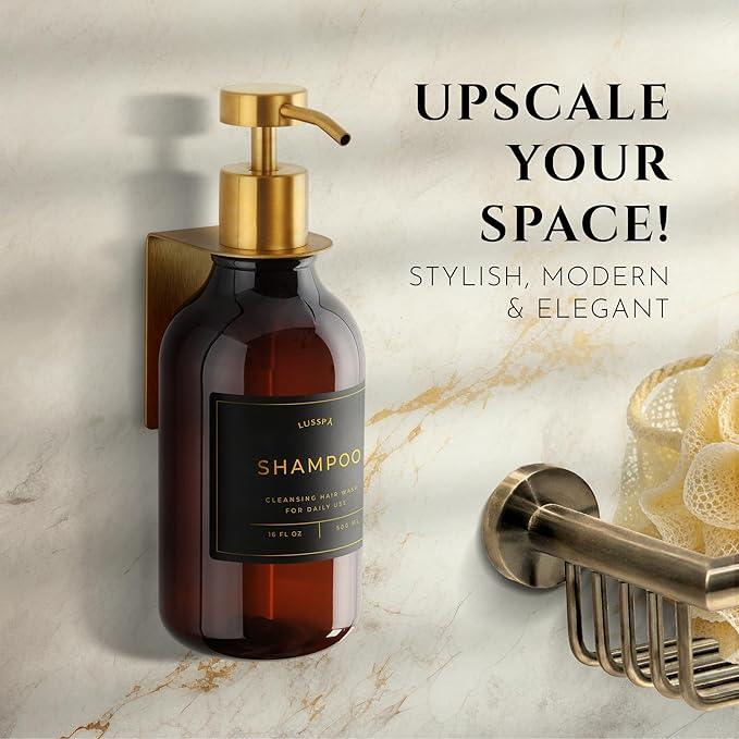Shampoo & Conditioner Dispenser - Shower Soap Dispenser Wall Mounted - 16.9 Oz Plastic Bottle with Pump & Holder - Shampoo Dispenser - Shower Dispenser Chamber No Drill (1 X Amber/Gold) - ModernBath