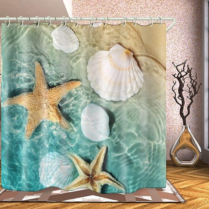 LYFANS Shower Curtains Waterproof Polyester Fabric,Large Width Bright Partition Curtain with Scallop Beach Print,Shower Curtain Liner for Bathtub Bathroom with 12 White Hooks (72 x72 inches) - ModernBath