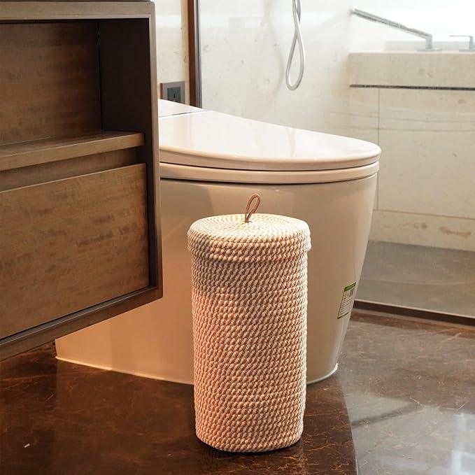 Toilet Paper Holder Handmade – Woven Toilet Paper Stand & Storage Basket with Lid, Cotton Freestanding Organizer for Bathroom, Fits 3 Rolls Cream Brown - ModernBath