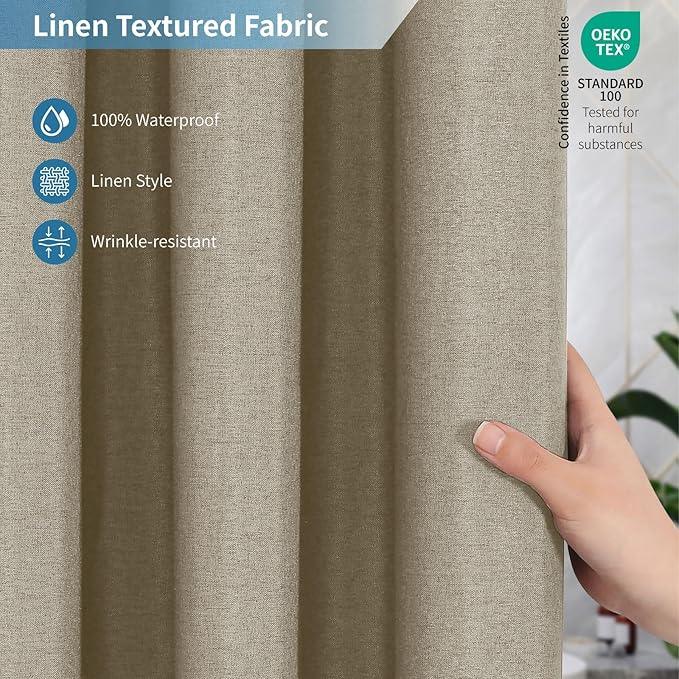 THAIGEE 2-in-1 Waterproof Long Fabric Shower Curtain or Liner,Linen Textured,78 Inch Breathable TPU & Washable Bathroom Shower Curtain Set with 12 Plastic Hooks,Modern,72"x78" Khaki - ModernBath