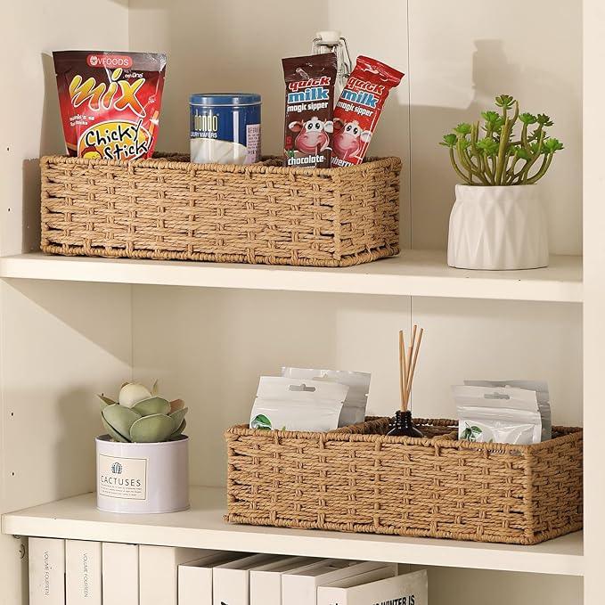 Vagusicc 3-Section Wicker Baskets for Shelves, Hand-Woven Round Paper Rope Wicker Storage Basket, Toilet Paper Basket for Toilet Tank Top, Baskets for Organizing, 2-Pack - ModernBath