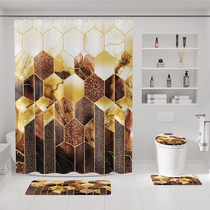 XLHOMO Bathroom Sets with Shower Curtain and Rugs - 4PC Brown Geometric Shower Curtain Set with 12 Hooks, Toilet Cover, U-Shaped Mat and Rugs Modern Abstract Bathroom Accessories for Bathroom - ModernBath