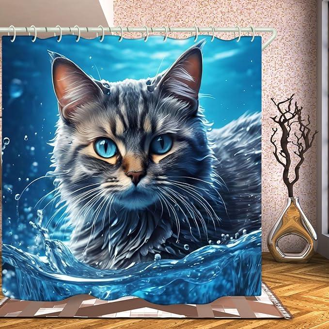 LYFANS Bathroom with Sea Cat 3D Shower Curtains, Luxury Bathtub Standard Shower Curtain, Waterproof and Bright Fabric Shower Curtain Size (72x72 Inches) - ModernBath