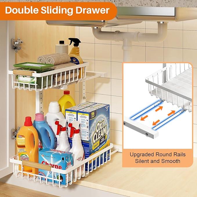 REALINN Under Sink Organizer, Height Adjustable Under Sink Organizers and Storage, 2 Tier Pull Out Drawer Cabinet Storage for Kitchen Bathroom, 1 Pack, White - ModernBath
