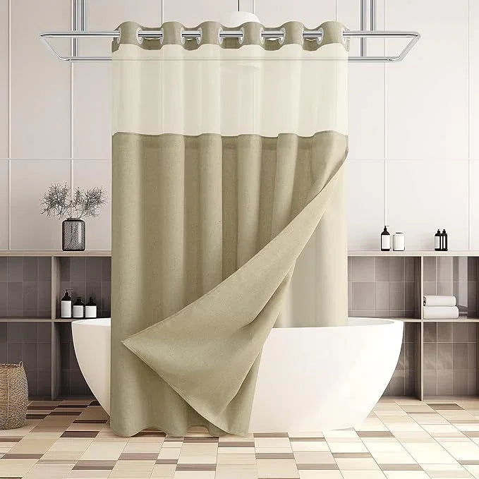 Jowels No Hooks Needed Linen Shower Curtain and Liner Set,Apricot Hotel Luxury Decor Shower Curtains for Bathroom with See Through Top Window,Water Resistant Fabric,72Wx75L,Apricot - ModernBath