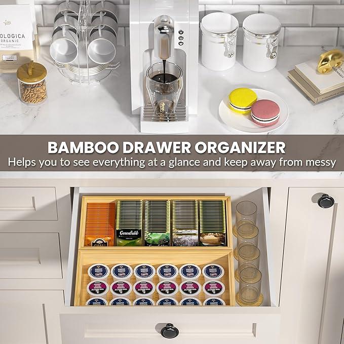 Kitchen Drawer Organizer Bins, Stackable Bamboo Drawer Organizer for Silverware, Flatware, Coffee Pod Organizer K Cup Holder for Countertop, 2 Pcs Coffee Station Organizer 12" x 6" x 2.5" - ModernBath
