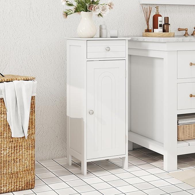 Tangkula Bathroom Floor Cabinet, Free-Standing Single Door Storage Cabinet with Drawer & 2 Adjustable Shelves, Wooden 14”L Narrow Side Storage Organizer for Small Spaces, Living Room, Kitchen (White) - ModernBath