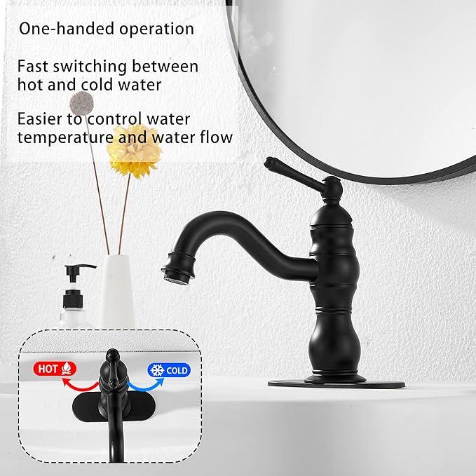Matte Black Bathroom Faucet GGStudy 360° Swivel Bathroom Vanity Faucet Single Handle One Hole Black Bathroom Sink Faucet Basin Matching Pop Up Drain with Overflow - ModernBath